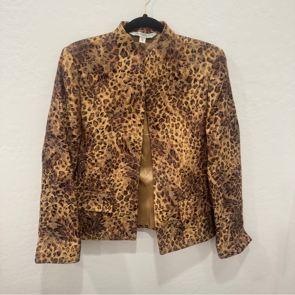 Austin Reed Blazer Jacket Womens 10 Leopard Print Open Cotton Blend Old Money